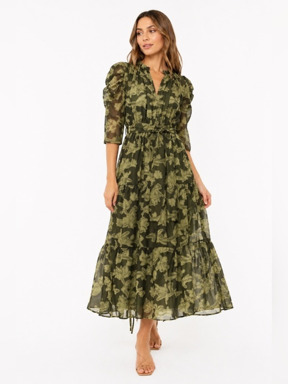 Moon River Envy Dress Green Floral Midi Puff Sleeve XS Boho Cottagecore